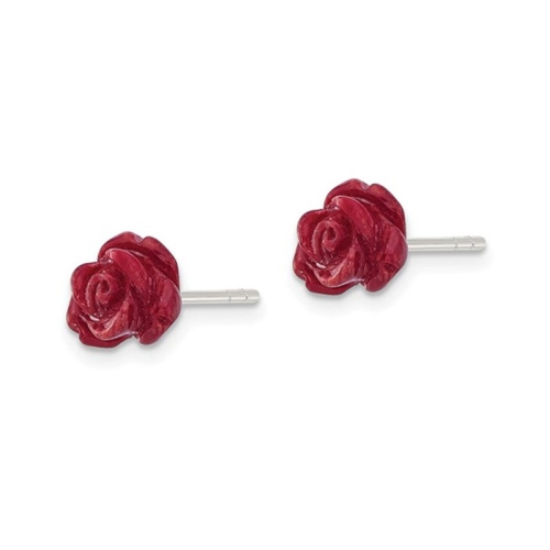 Natural Red Coral Flower Rose Earrings in Sterling Silver