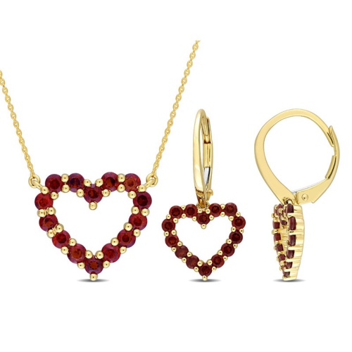 Image 1 of 4.. 2.38 Carat Garnet Heart Pendant Necklace and Earrings in 10K Yellow Gold
