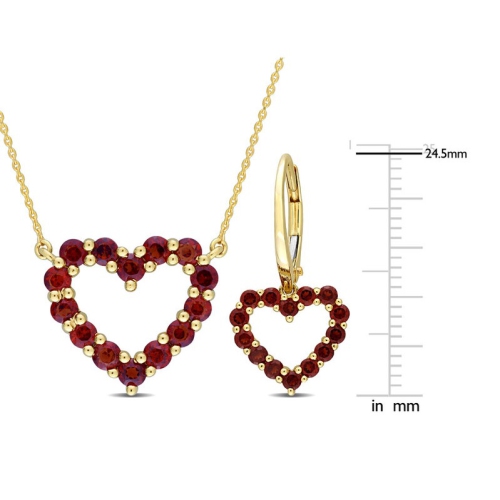 2.38 Carat Garnet Heart Pendant Necklace and Earrings in 10K Yellow Gold