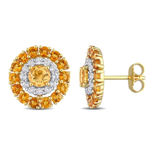 GEM AND HARMONY  3.52 Carat (Ctw) Madeira Citrine And White Topaz Halo Earrings In Plated Sterling Silver In Yellow