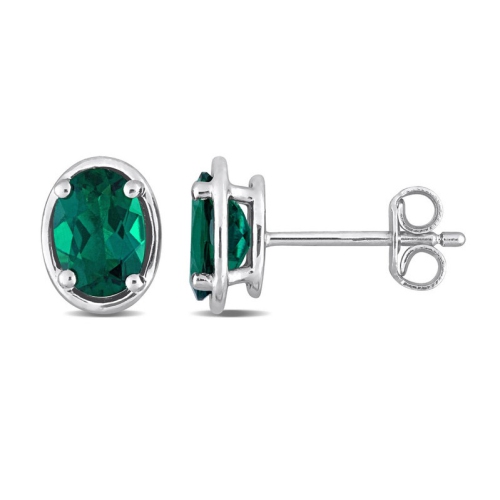 GEM AND HARMONY  1.40 Carat (Ctw) Lab-Created Emerald Oval Stud Earrings In Sterling In Silver