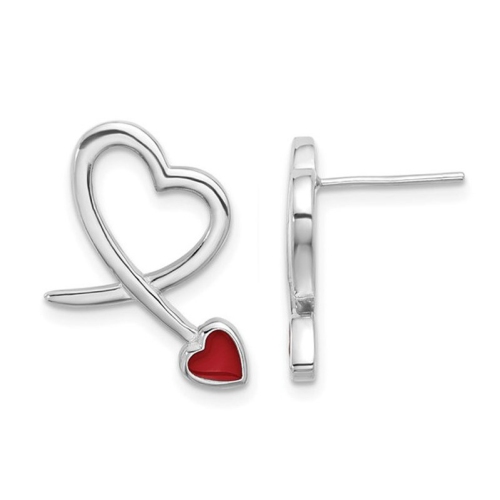 GEM AND HARMONY  Sterling Silver Resin Heart Button Post Earrings In Red