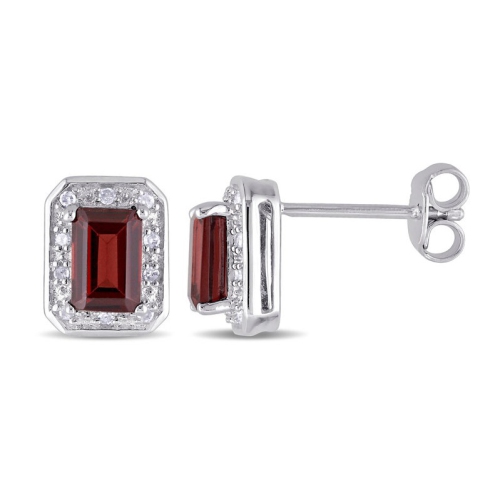 1.50 Carat Garnet Emerald-Cut Solitaire Stud Earrings in Sterling Silver with Accent Diamonds
