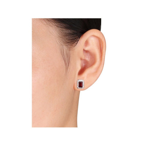 1.50 Carat Garnet Emerald-Cut Solitaire Stud Earrings in Sterling Silver with Accent Diamonds