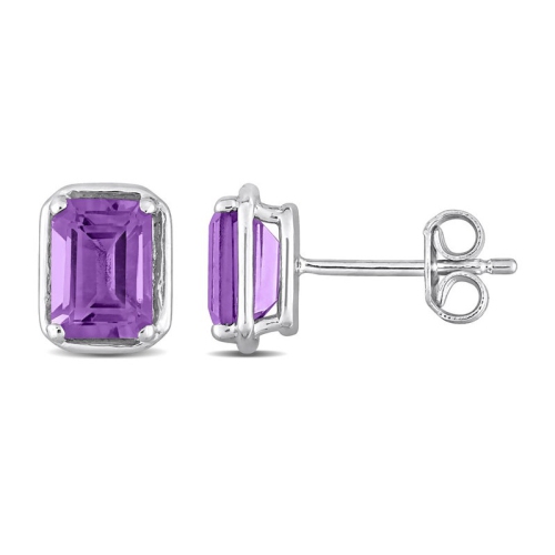 Image 1 de 4.. Boucles d'oreilles solitaires en argent sterling avec améthyste à taille émeraude de 2,00&nbsp;carat