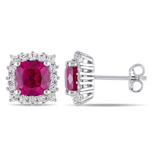 GEM AND HARMONY  5.52 Carat (Ctw) Lab-Created Ruby And Sapphire Halo Earrings In Sterling Silver In White