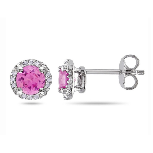 GEM AND HARMONY  1.18 Carat (Ctw) Lab-Created Sapphire Solitaire Halo Earrings In Sterling Silver In Pink