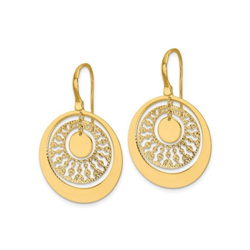 14K Yellow Gold Polished and Diamond-cut Circles Dangle Earrings