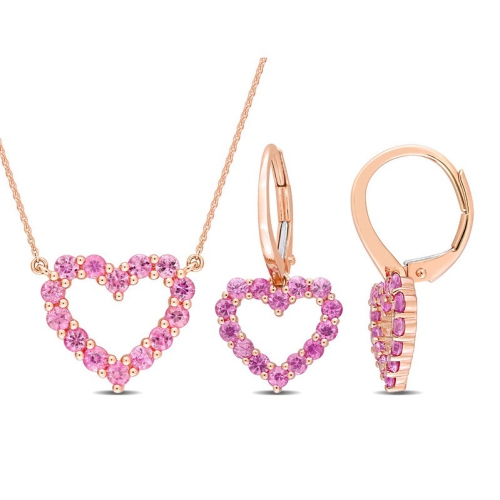 Image 1 of 4.. 2.38 Carat Pink Sapphire Heart Pendant Necklace and Earrings in 10K Yellow Gold