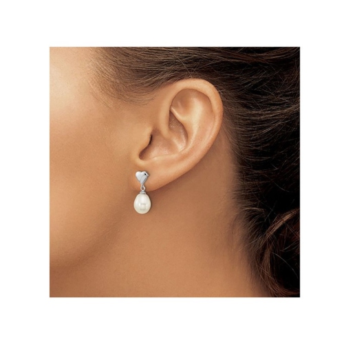 White Freshwater Cultured Pearl Dangle Heart Earrings in Sterling Silver