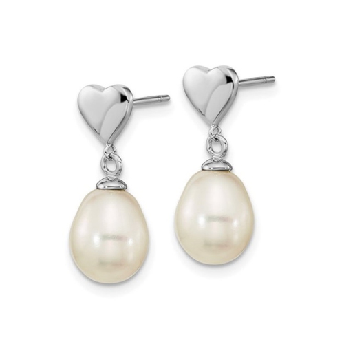 White Freshwater Cultured Pearl Dangle Heart Earrings in Sterling Silver