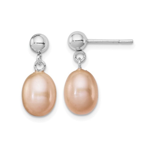Image 1 of 5.. Sterling Silver Freshwater Cultured Pink Pearl 7-8mm Post Dangle Earrings