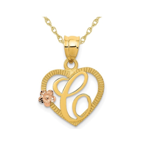 14K Yellow Gold Initial -C- Heart Necklace Pendant Charm with Chain