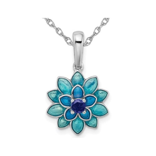 Image 1 de 4.. Collier en argent sterling avec chaîne à pendentif en fleur saphir bleu synthétique 1/8&nbsp;carat