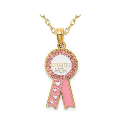 GEM AND HARMONY  14K Gold Greatest Mom Ribbon Pendant Necklace With Chain In Yellow