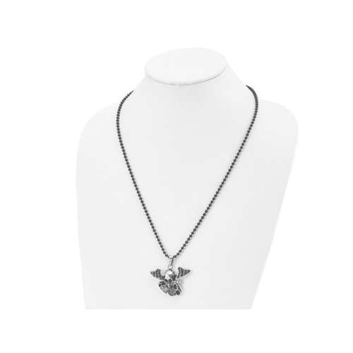 Stainless Steel Antiqued and Polished Skulls with Wings Pendant Necklace with Chain