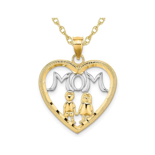 MOM Heart Pendant Necklace with 2 Kids in 14K Yellow Gold with Chain