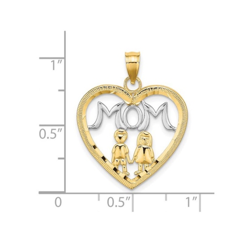 MOM Heart Pendant Necklace with 2 Kids in 14K Yellow Gold with Chain