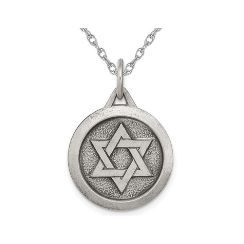 GEM AND HARMONY  Antiqued Sterling Star Of David Medal Pendant Necklace With Chain In Silver