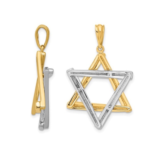 14K Two-Tone Yellow and White Solid Gold Star Of David Pendant Necklace