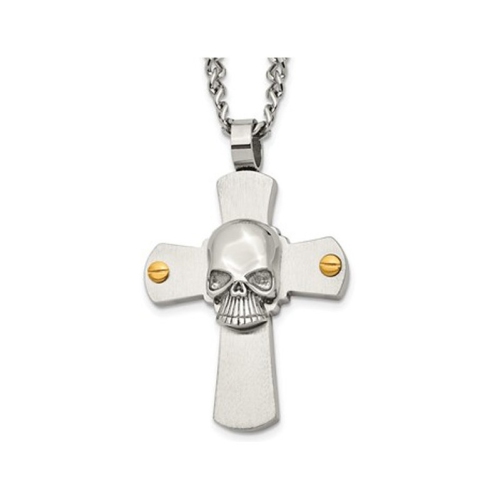 Stainless Steel Brushed Skull and Cross Pendant Necklace with Chain