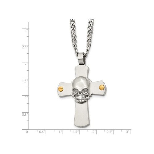 Stainless Steel Brushed Skull and Cross Pendant Necklace with Chain