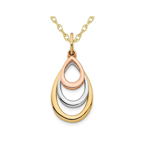 14K Yellow, Rose and White Gold TearDrop Pendant Necklace with Chain