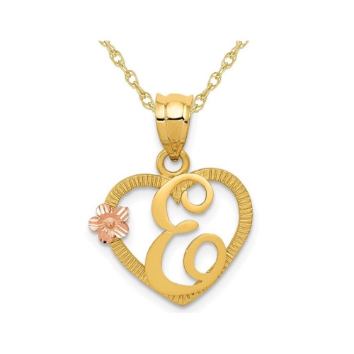 14K Yellow Gold Initial -E- Heart Necklace Pendant Charm with Chain