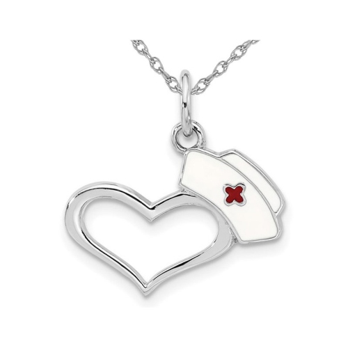 Image 1 of 4.. Small Nurses Hat Heart Charm Pendant Necklace in Sterling Silver with Chain