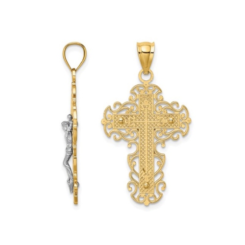 10K Yellow Gold Cross Crucifix with Lace Trip Pendant Necklace with Chain