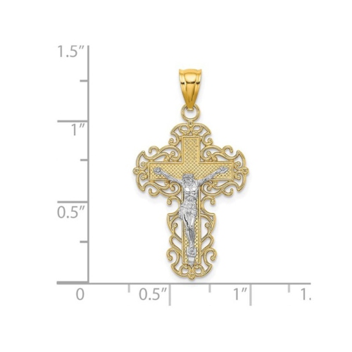 10K Yellow Gold Cross Crucifix with Lace Trip Pendant Necklace with Chain