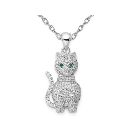 Image 1 de 4.. Collier à pendentif chat en argent sterling avec zircons cubiques et chaîne