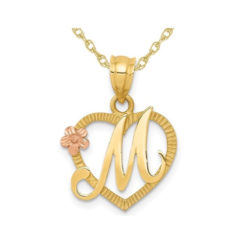 Image 1 of 4.. 14K Yellow Gold Initial -M- Heart Necklace Pendant Charm with Chain