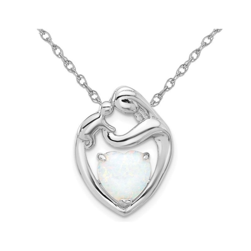 Image 1 de 4.. Collier à pendentif mère et enfant en argent sterling avec opale synthétique et chaîne