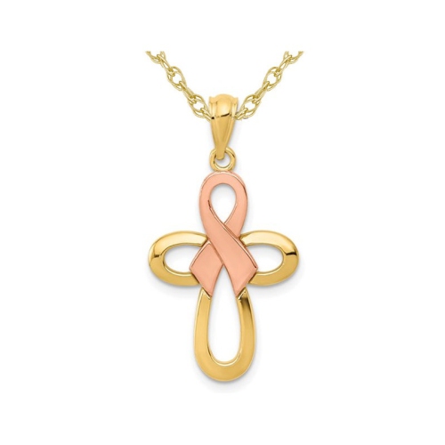 Image 1 of 4.. 14K Yellow Gold Pink Ribbon Cross Pendant Necklace with Chain