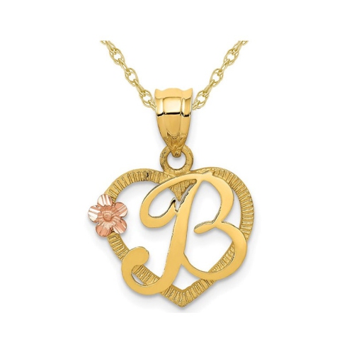 14K Yellow Gold Initial -B- Heart Necklace Pendant Charm with Chain