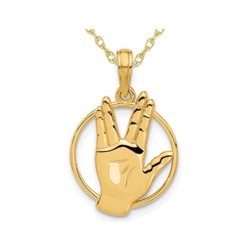 Image 1 of 4.. 14K Yellow Gold Ancient and SciFI Hand Gesture Pendant Necklace with Chain