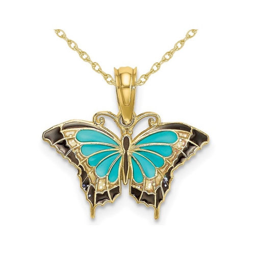 Image 1 de 4.. Collier à pendentif en or jaune 10K ct avec chaîne à breloque papillon turquoise