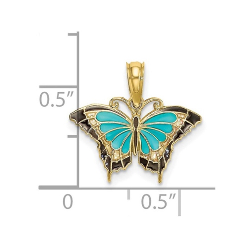 Aqua Butterfly Charm Pendant Necklace in 10K Yellow Gold with Chain