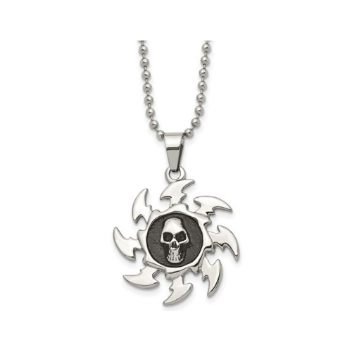 Stainless Steel Antiqued and Polished Skull on Saw Blade Pendant Necklace with Chain