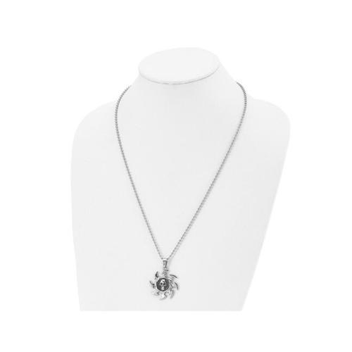 Stainless Steel Antiqued and Polished Skull on Saw Blade Pendant Necklace with Chain