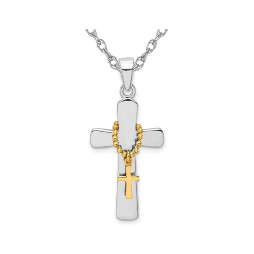 Sterling Silver Polished Double Cross Pendant Necklace with Chain