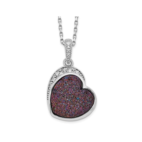 GEM AND HARMONY  Druzy Quartz Heart Pendant Necklace In Sterling Silver With Chain And Accent Diamonds In Pink