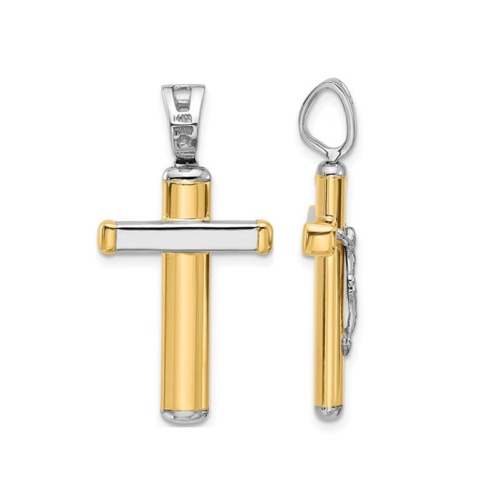 Collier à pendentif en croix en or jaune et blanc 14K ct poli avec chaîne