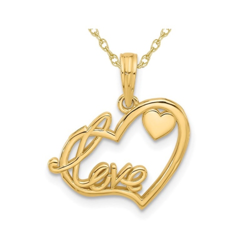 14K Yellow Gold - LOVE - Heart Charm Pendant Necklace with Chain