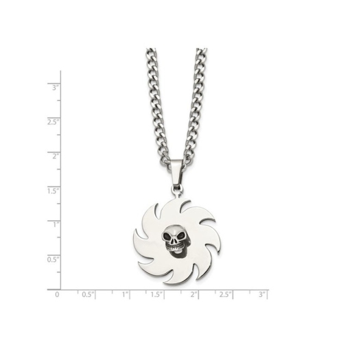 Stainless Steel Polished Skull on Saw Blade Pendant Necklace with Chain