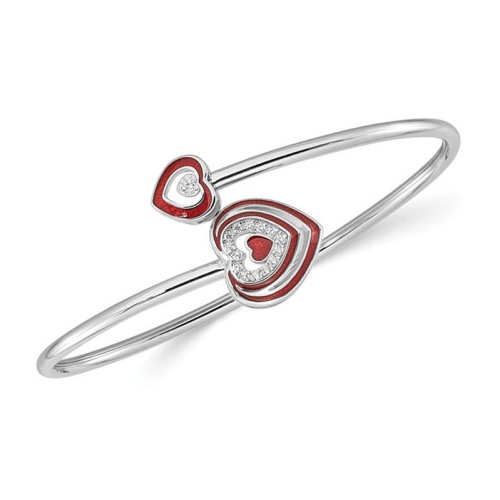 Image 1 of 4.. Sterling Silver Heart Flexible Cuff Bangle Bracelet with Red Enamel and Cubic Zirconias