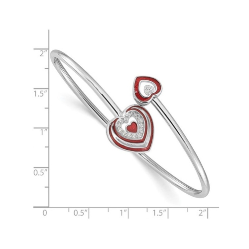 Sterling Silver Heart Flexible Cuff Bangle Bracelet with Red Enamel and Cubic Zirconias