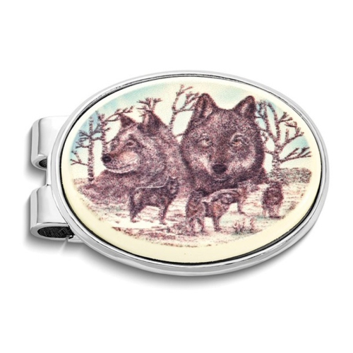 Image 1 of 4.. Mens Wolf Portrait Oval Money Clip