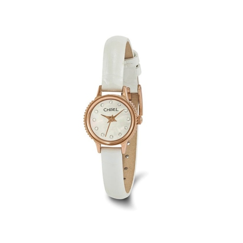 GEM AND HARMONY  Ladies Chisel Rose Plated Stainless Steel Dial Analog Watch With Leather Strap In White
